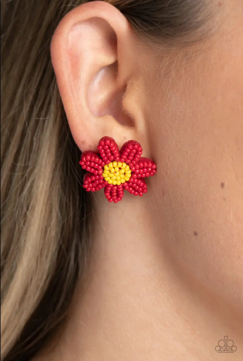 SENSATIONAL SEEDS - Red - Seed Bead Flower Post Earrings